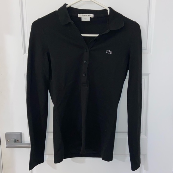 2/$99 Lacoste Women’s Long Sleeve Black Collar Polo Shirt with Buttons - Picture 2 of 6